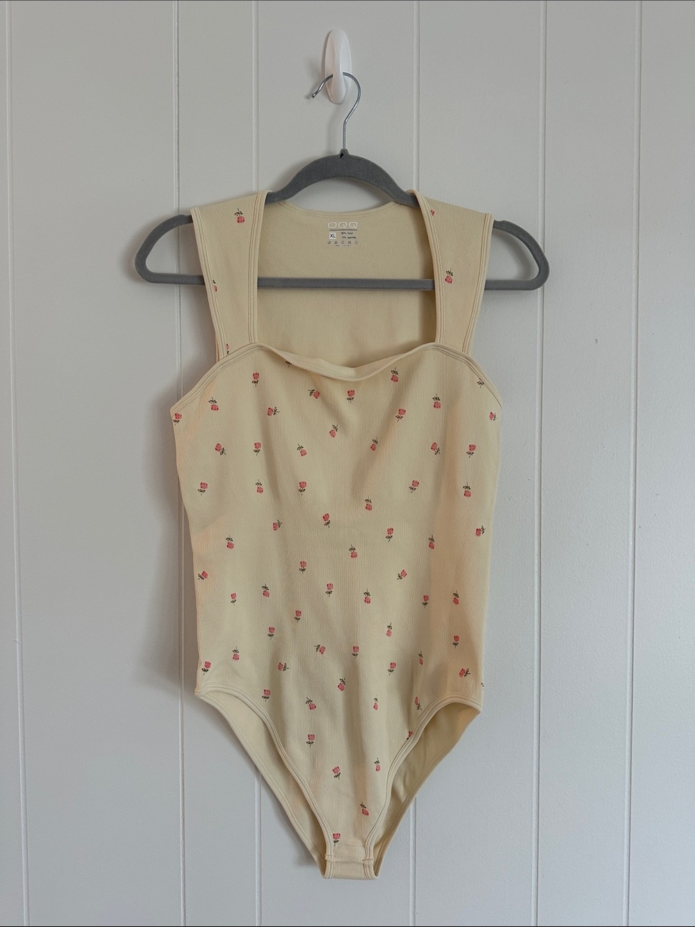 Cream Floral Ribbed Square-Neck Bodysuit